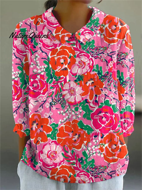 Women's Watercolor Flowers Print Casual Cotton And Linen 3/4 Sleeve Shirt