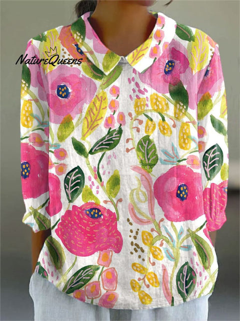 Women's Watercolor Flowers Print Casual Cotton And Linen 3/4 Sleeve Shirt