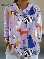 Women's Funny Dogs Print Casual Cotton And Linen 3/4 Sleeve Shirt