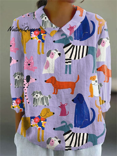 Women's Funny Dogs Print Casual Cotton And Linen 3/4 Sleeve Shirt
