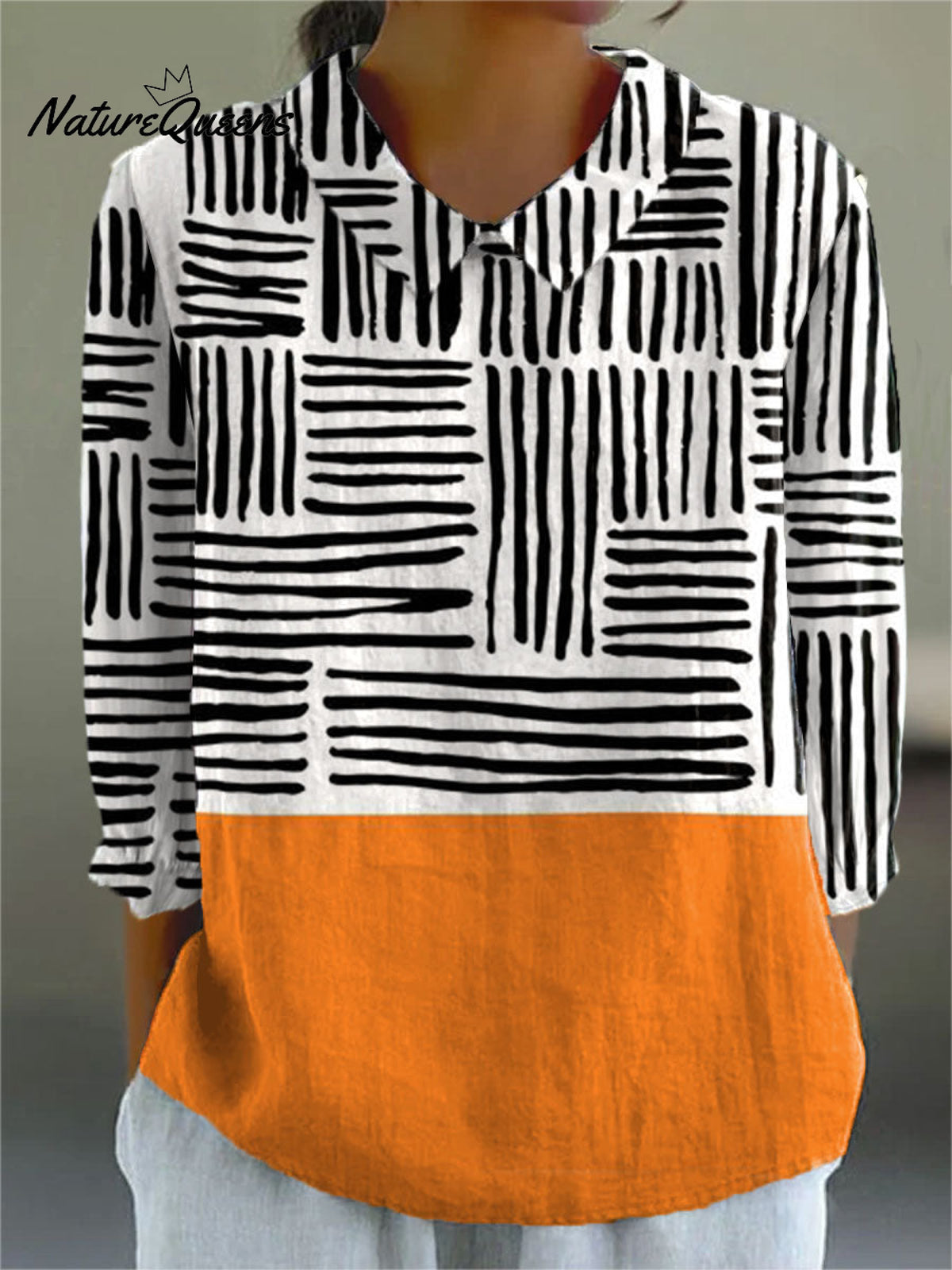 Women's Vintage Abstract Geometry ArtPrint Casual Cotton And Linen 3/4 Sleeve Shirt