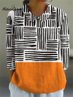 Women's Vintage Abstract Geometry ArtPrint Casual Cotton And Linen 3/4 Sleeve Shirt