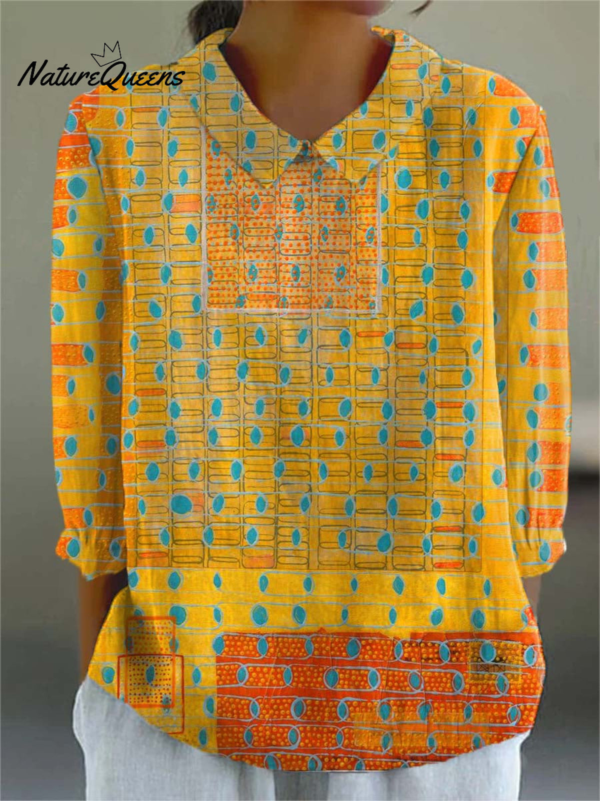 Women's Vintage Abstract Geometry ArtPrint Casual Cotton And Linen 3/4 Sleeve Shirt
