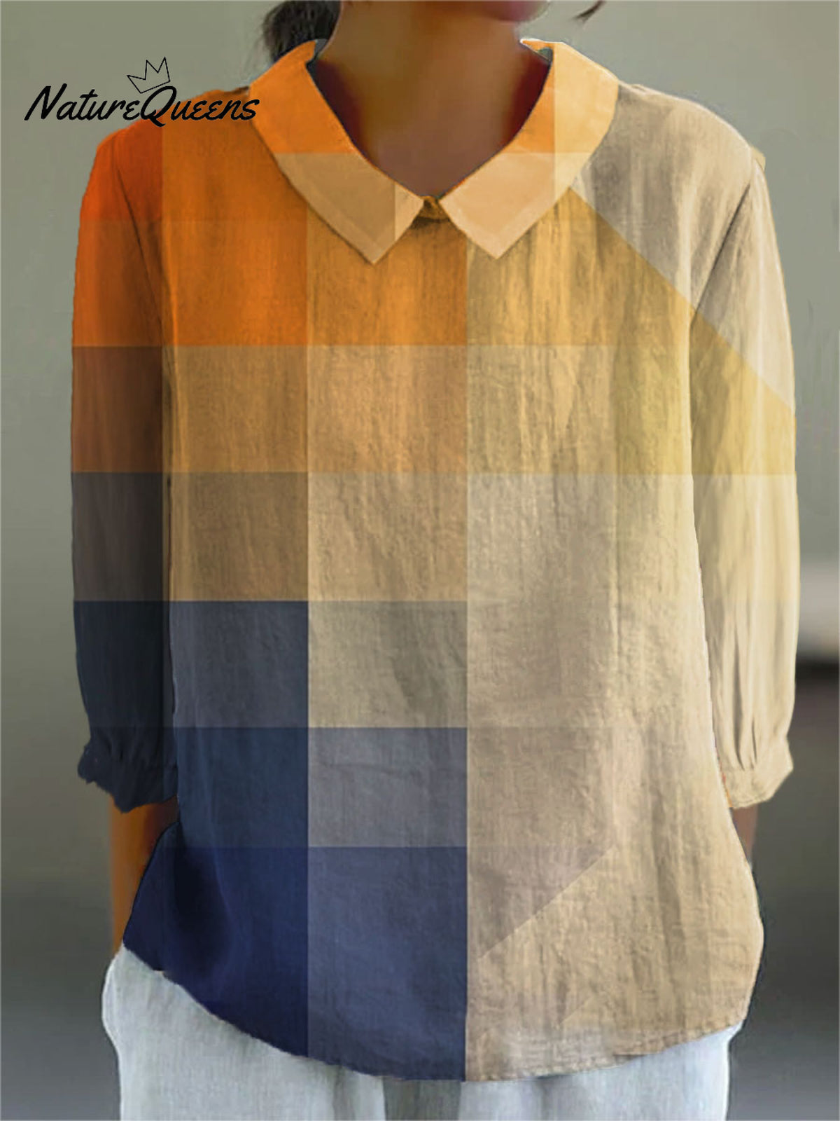 Women's Vintage Abstract Geometry ArtPrint Casual Cotton And Linen 3/4 Sleeve Shirt