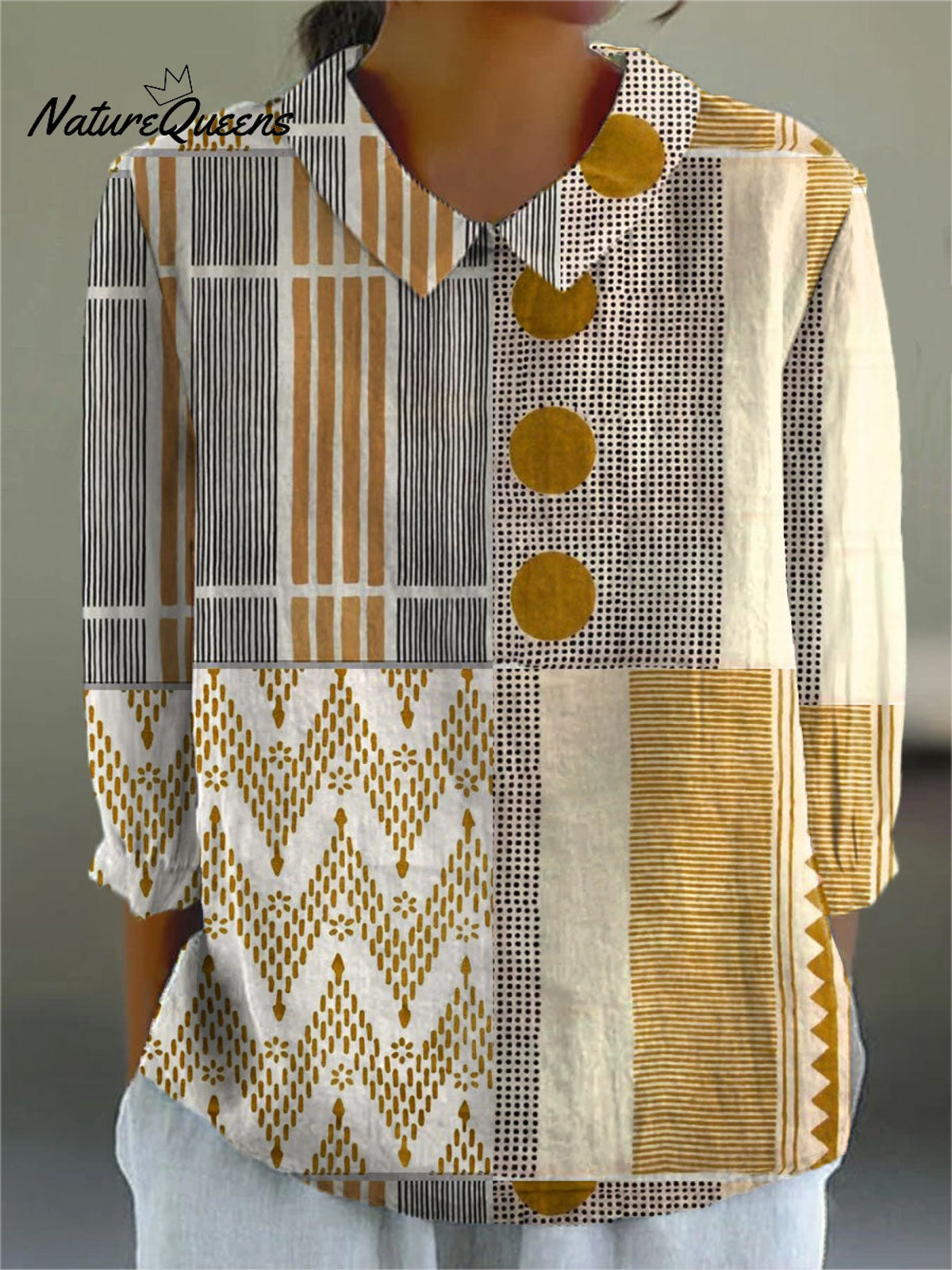 Women's Vintage Abstract Geometry ArtPrint Casual Cotton And Linen 3/4 Sleeve Shirt