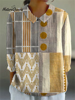 Women's Vintage Abstract Geometry ArtPrint Casual Cotton And Linen 3/4 Sleeve Shirt