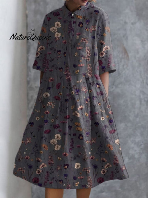 Women's  Pastoral  Flowers Art  Print Pocket Cotton Dress