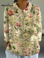 Women's Embroidered Floral Pattern Print Casual Cotton And Linen 3/4 Sleeve Shirt