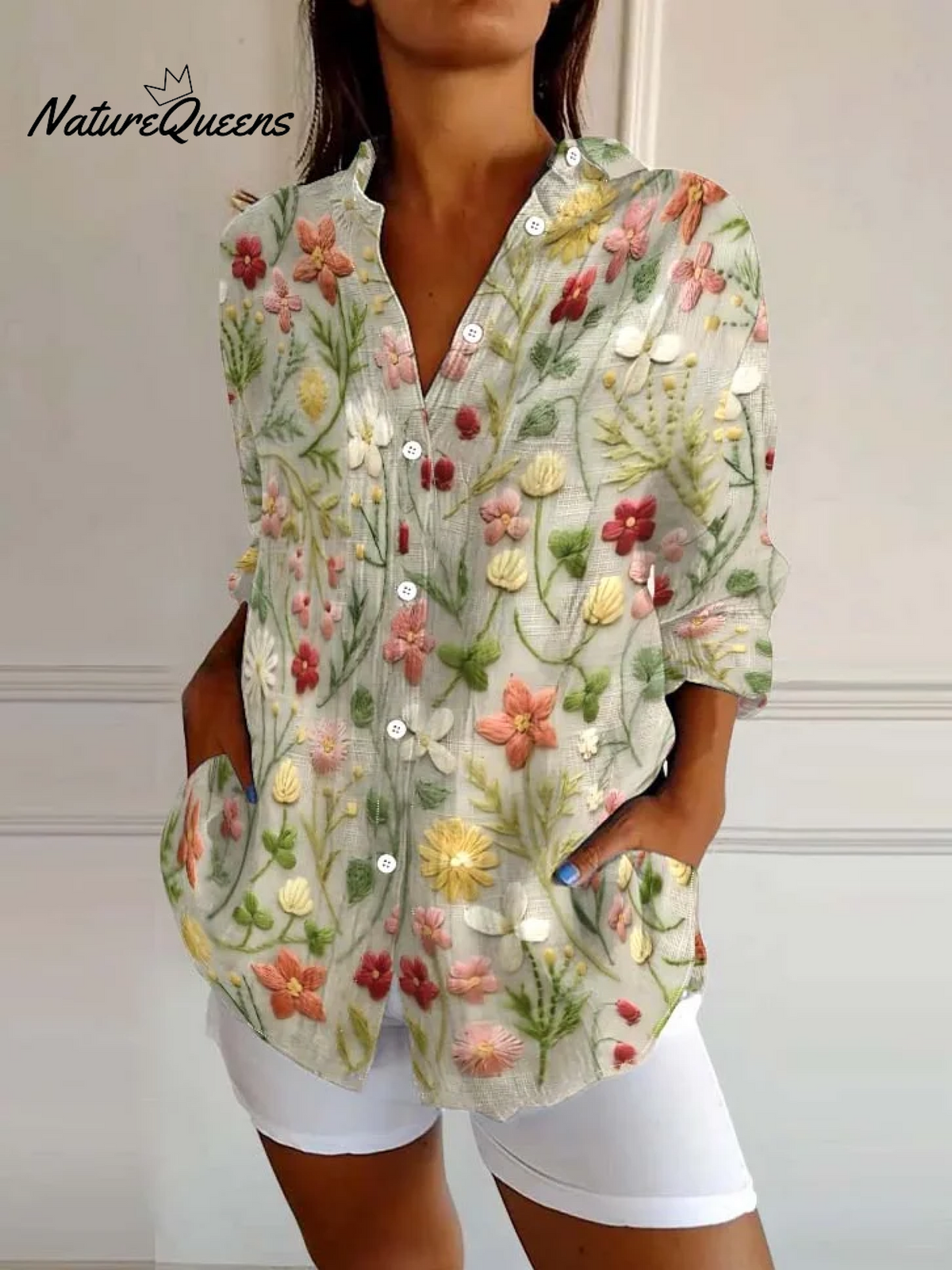 Women'sEmbroidered Floral Pattern Print Casual Cotton Shirt