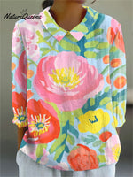 Women's Watercolor Floral Pattern Print Casual Cotton And Linen 3/4 Sleeve Shirt
