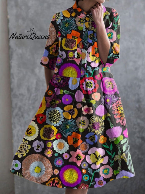 Women's  Pastoral Flower Art  Print Pocket Cotton Dress