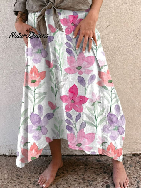 Women's Watercolor Flower Art Print  Casual Cotton Linen Skirt