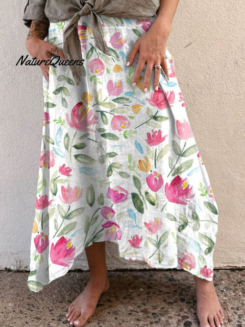 Women's Watercolor Flower Art Print  Casual Cotton Linen Skirt