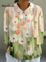 Women'sWatercolor Flower Art Print Casual Cotton And Linen 3/4 Sleeve Shirt