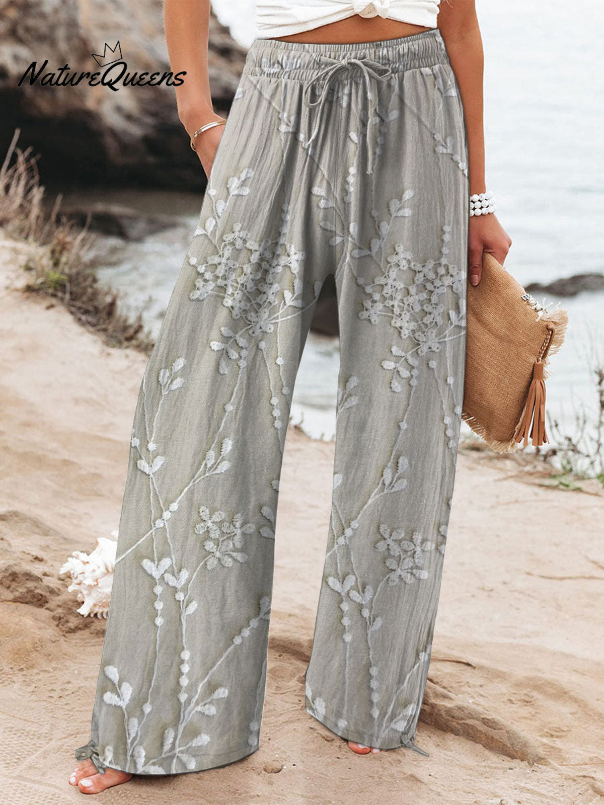 Women's Boho Flowers Art Printed Cotton And Linen Casual Pants