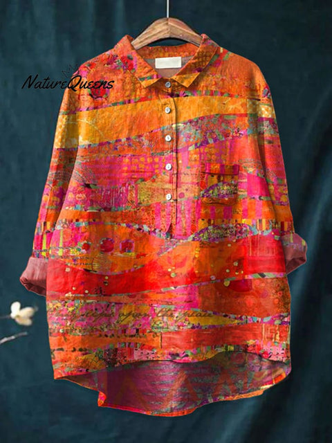 Women's  Abstract  Art Print Casual Cotton And Linen Shirt