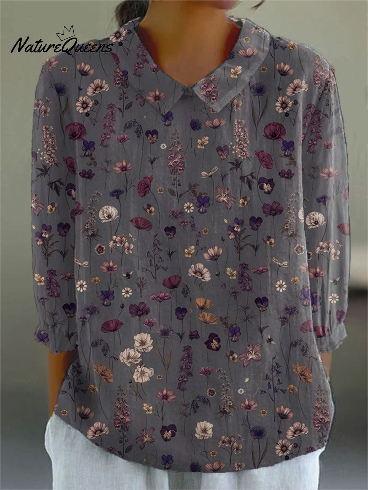 Women's PastoralFlowers Art Print Casual Cotton And Linen 3/4 Sleeve Shirt