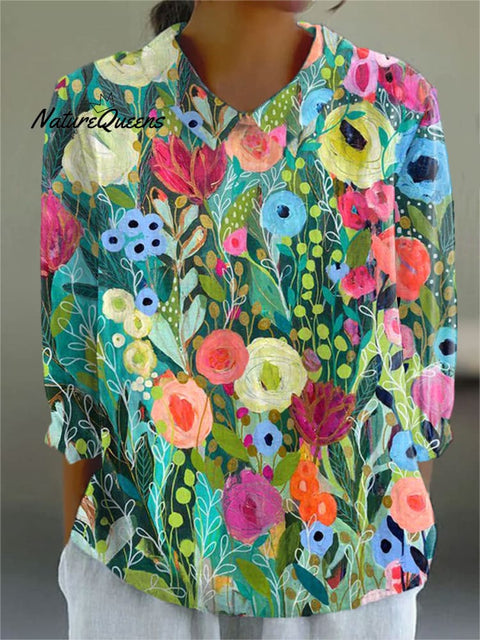 Women's   Pastoral  Flowers Art Print Casual Cotton And Linen 3/4 Sleeve Shirt