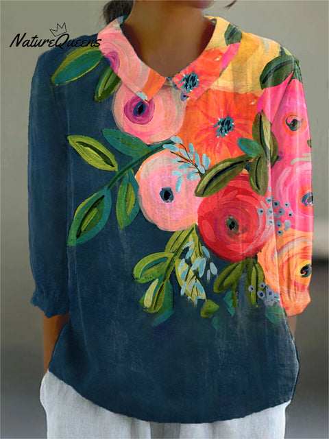 Women's  Vintage  Flowers Art Print Casual Cotton And Linen 3/4 Sleeve Shirt