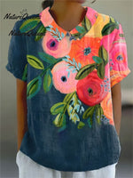 Women'sVintage Flowers Art Print Casual Linen V-neck Shirt