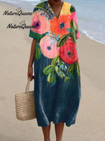 Women'sVintage Flowers Art Print Casual Linen V-neck Shirt