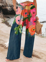 Women'sVintage Flowers Art Print Casual Linen V-neck Shirt