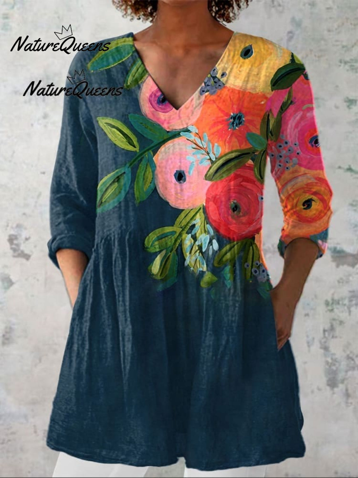 Women'sVintage Flowers Art Print Casual Linen V-neck Shirt