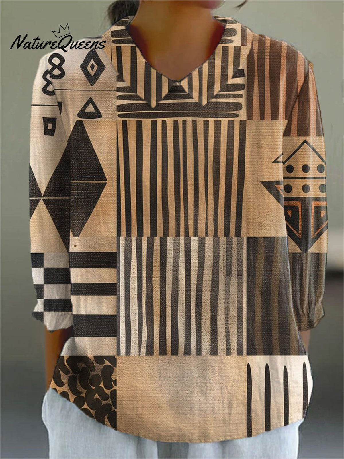 Women's Vintage Abstract Geometric Art Print Casual Cotton And Linen 3/4 Sleeve Shirt