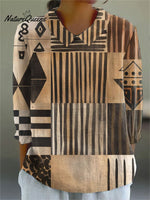 Women's Vintage Abstract Geometric Art Print Casual Cotton And Linen 3/4 Sleeve Shirt