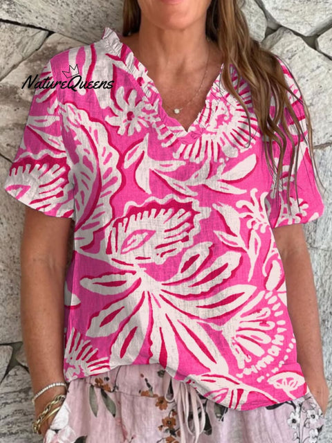 Women's  Pastoral Flowers Art  Print Casual Cotton And Linen Ruffled V-neck Shirt