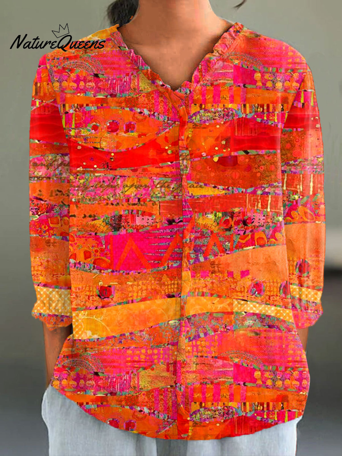 Women'sColorfulAbstractArt Print Casual Cotton And Linen 3/4 Sleeve Shirt