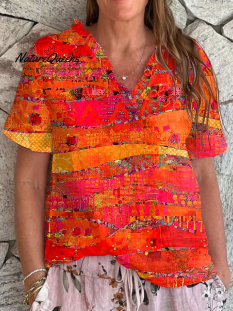 Women's   Colorful Abstract Art Printt Casual Cotton And Linen Ruffled V-neck Shirt