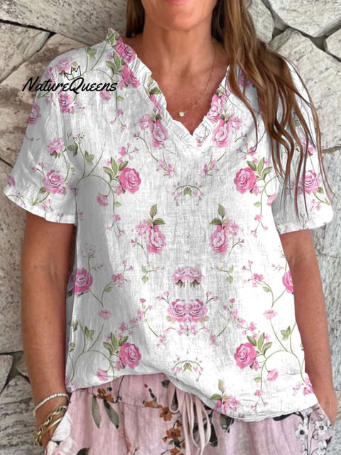 Women's   Pastoral Flower Art Print Casual Cotton And Linen Ruffled V-neck Shirt