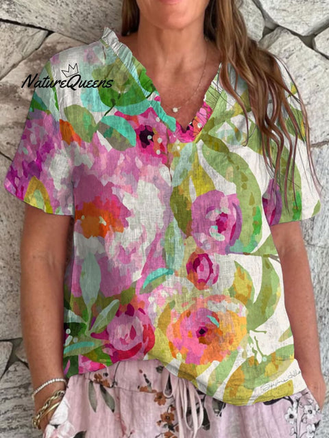 Women's   Pastoral Flower Art Print Casual Cotton And Linen Ruffled V-neck Shirt