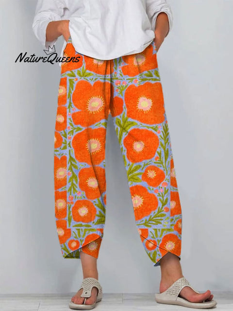 Women's Floral Art Printed Cotton And Linen Casual Pants