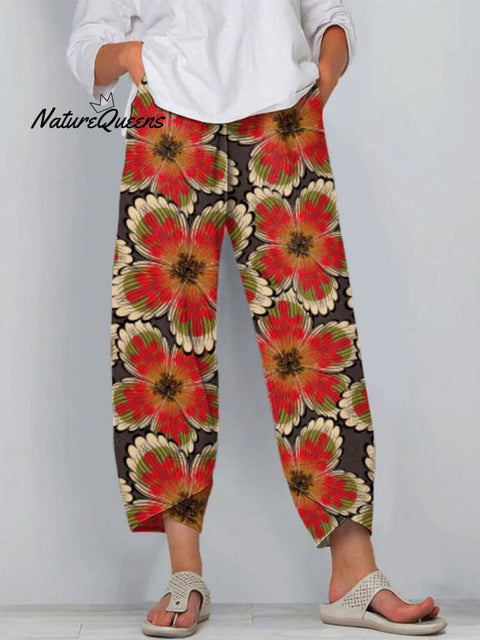 Women's Floral Art Printed Cotton And Linen Casual Pants