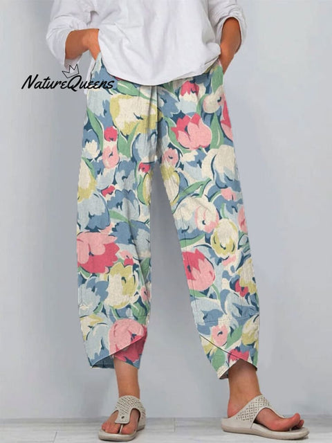 Women's Floral Art Printed Cotton And Linen Casual Pants