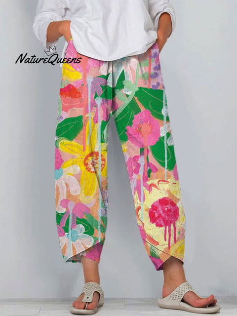 Women's Floral Art Printed Cotton And Linen Casual Pants