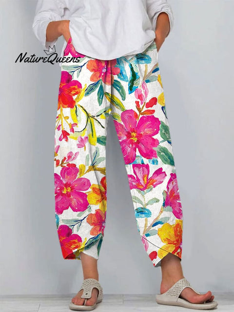 Women's Floral Art Printed Cotton And Linen Casual Pants