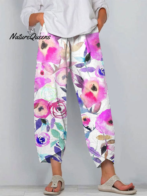 Women's Floral Art Printed Cotton And Linen Casual Pants