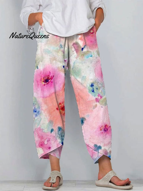 Women's Floral Art Printed Cotton And Linen Casual Pants