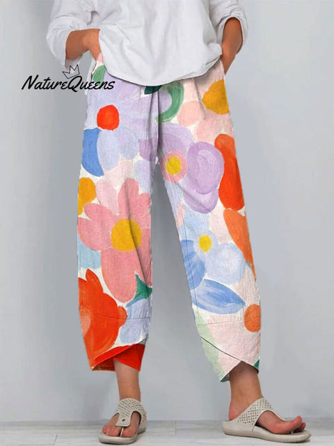 Women's Floral Art Printed Cotton And Linen Casual Pants