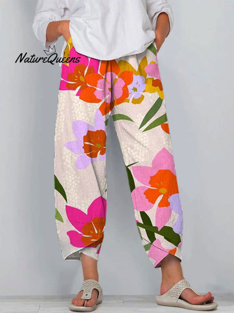 Women's Floral Art Printed Cotton And Linen Casual Pants