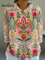Women's Vintage Symmetrical Flower Art Print Casual Cotton And Linen 3/4 Sleeve Shirt