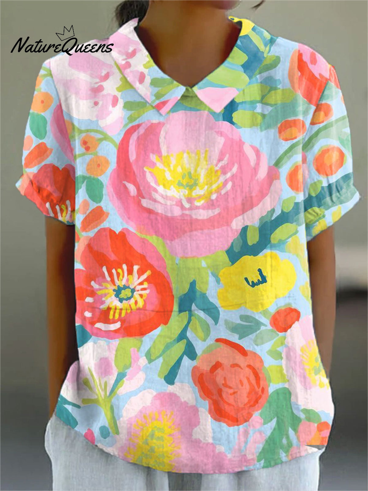 Women'sFloral Art Print Casual Cotton And Linen Shirt