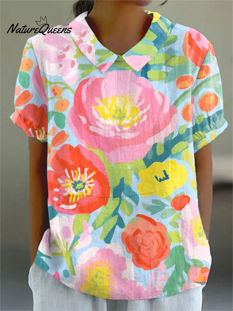 Women's  Floral Art Print Casual Cotton And Linen Shirt