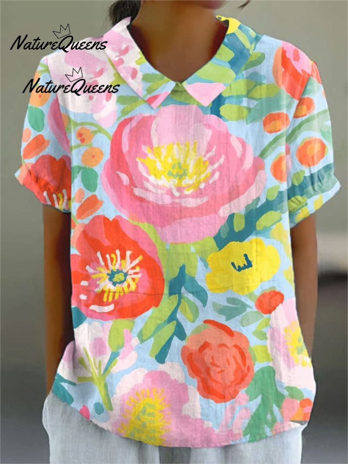 Women'sFloral Art Print Casual Linen V-neck Shirt
