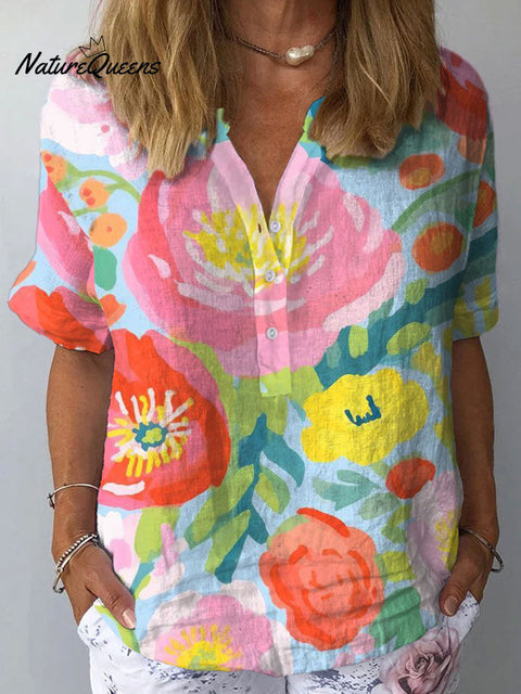 Women's  Floral Art Print  Casual Cotton And Linen Shirt