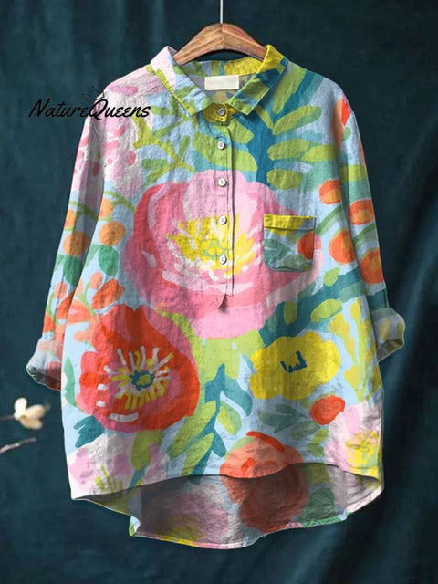 Women's  Floral Art Print Casual Cotton And Linen Shirt