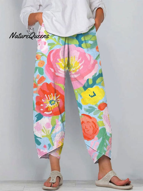 Women's Floral Art Print Cotton And Linen Casual Pants